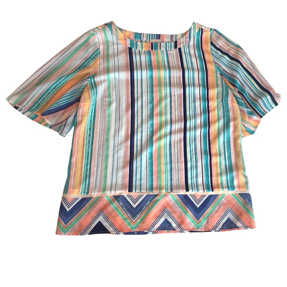 Chicos Multi Color Striped Chevron Border Blouse Size 1 Medium Short Sleeve Top